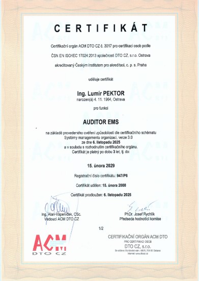 Certifikát 'Auditor EMS' do roku 2029