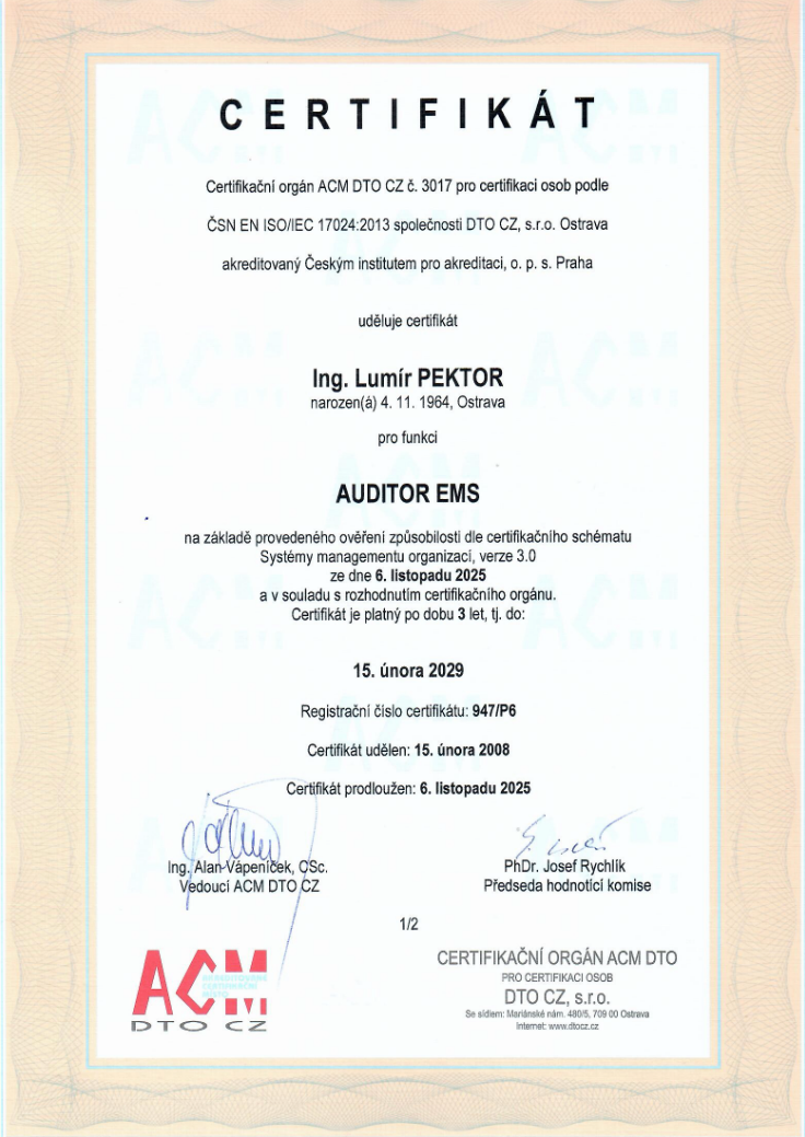 Certifikát 'Auditor EMS' do roku 2029