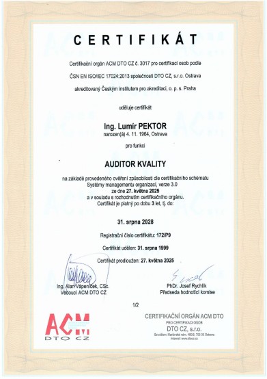 Certifikát 'Auditor kvality' do roku 2028