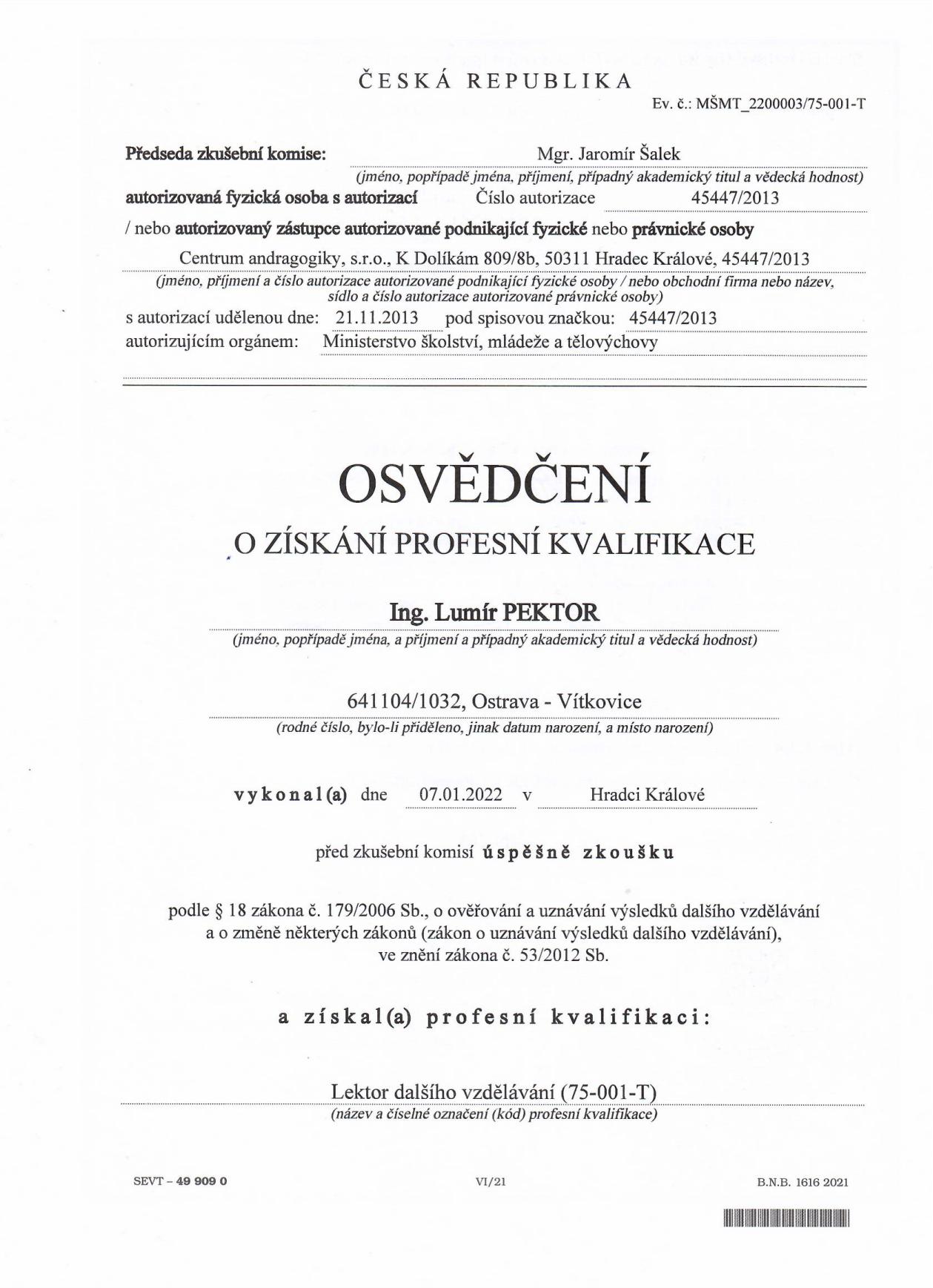 Osvědčení 'Lektor dalšího vzdělávání'